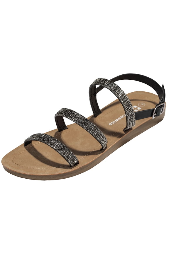 Womens Strappy Rhinestone Sandals Gladiator Ankle Strap Flat Shoes