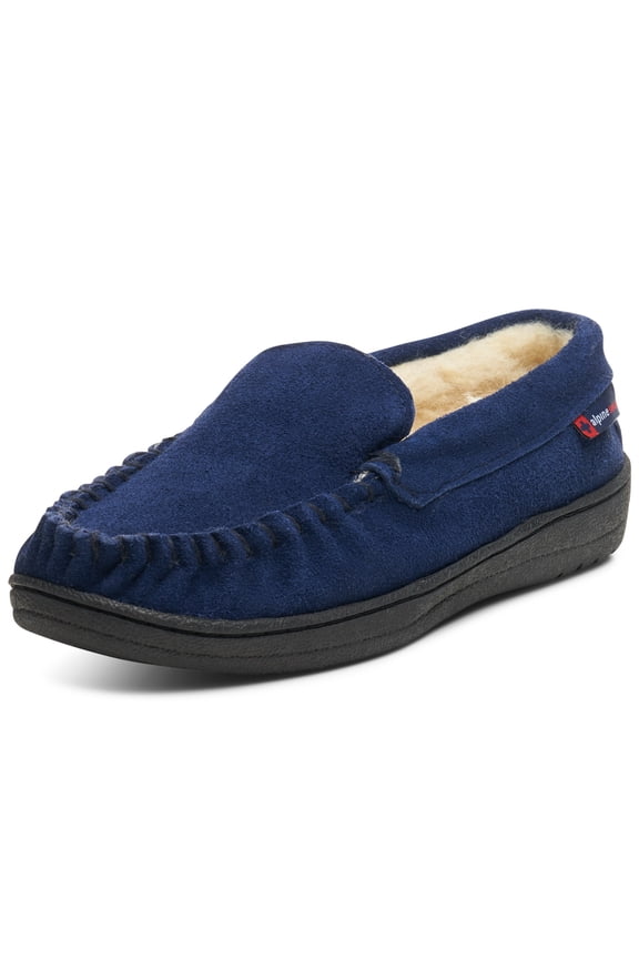 Moccasin Slipper Genuine Suede and Faux Shearling Lining, Navy, Men