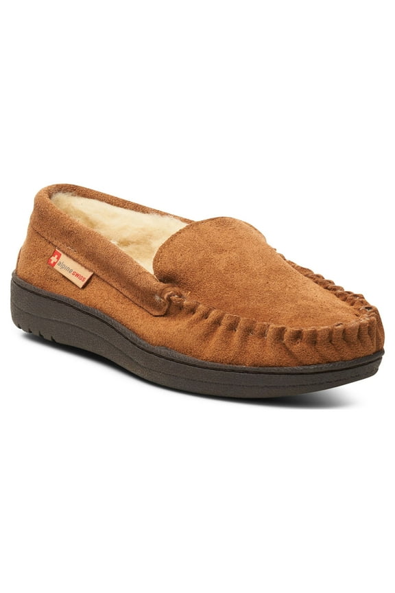 Moccasin Slipper Genuine Suede and Faux Shearling Lining, Chestnut, Men