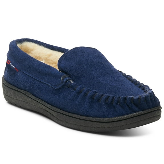Alpine Swiss Moccasin Slipper Genuine Suede and Faux Shearling Lining, Navy, Men