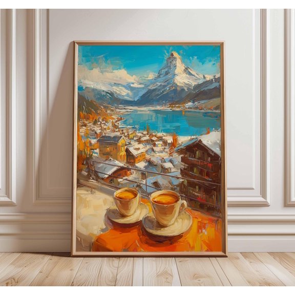 Alpine Town Coffee Poster, Snowy Mountain View Art, Poster Only