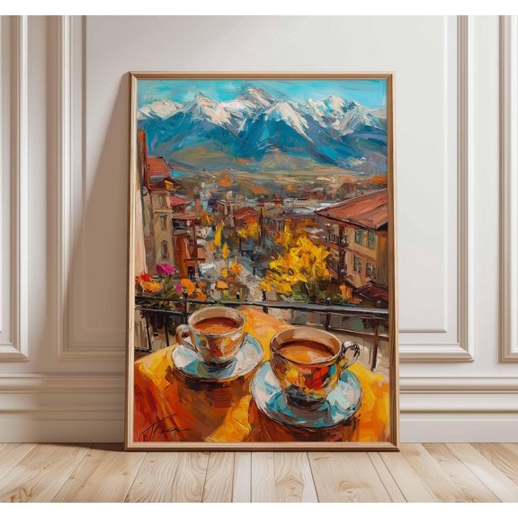 Alpine Town Coffee Print, Mountain View Balcony Poster, Poster Only
