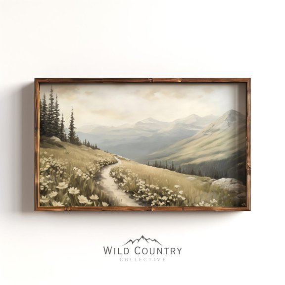 Alpine Trail Winding Wildflower Mountain Path Muted Misty Ridges Hiking Poster