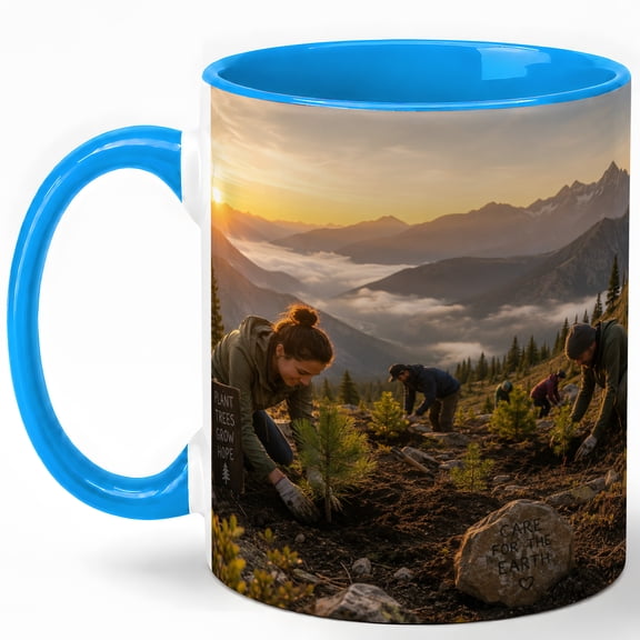 Alpine Tree Planting Coffee Mug, Mountain Reforestation Nature Design, 11 oz Ceramic Cup