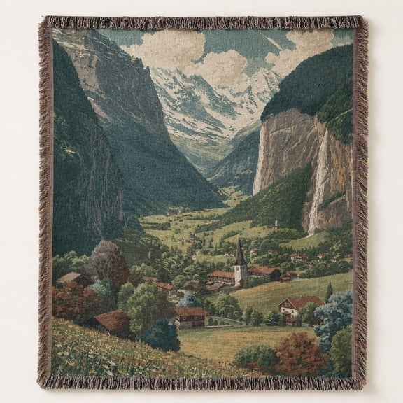 Alpine Valley Woven Cotton Throw Blanket | Mountain Landscape Art | Fringed Edges | 3 Sizes