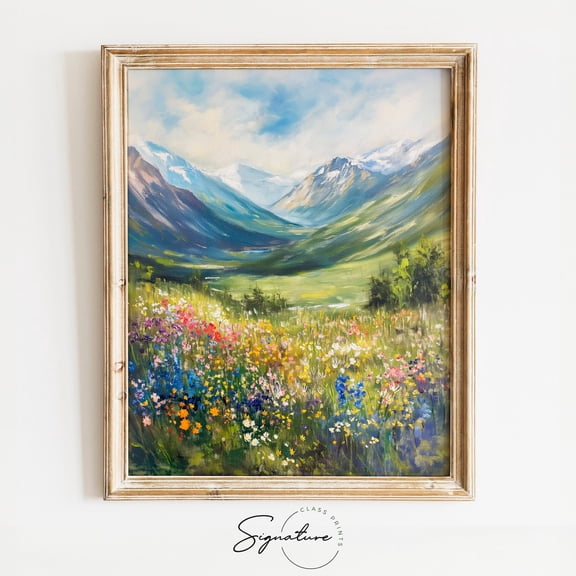 Alpine Valley in Spring Art, Wildflower Meadow Landscape, Vibrant Mountain Scenery, Nature Wall Decor Poster, 730 Unframed Paper Print