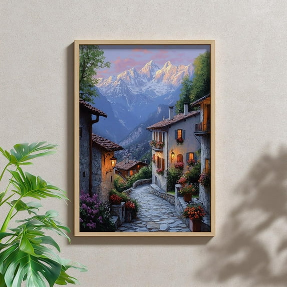 Alpine Village Art Print, Rustic Mountain Landscape Print Home Decor #3389, 8x12 UNFRAMED