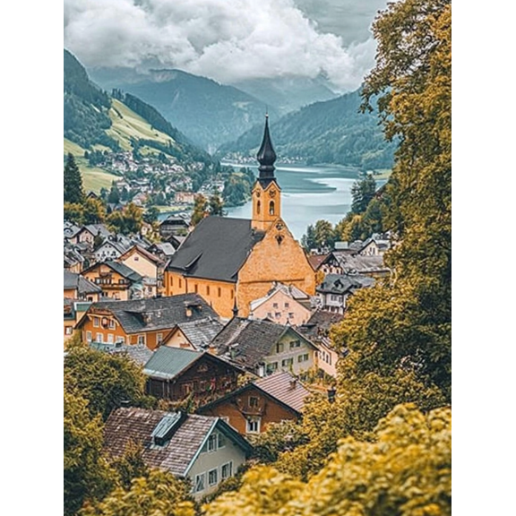Alpine Village Church Canvas Wall Art Suitable for Living RoomOffice Dining Room and Hotel Decoration.