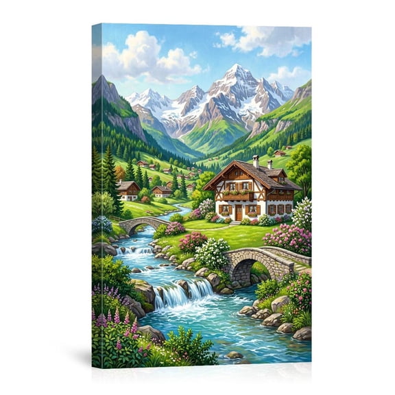 Alpine Village Mountain Cabin Swiss Chalet Landscape River Waterfall Nature Scenery For Home Canvas