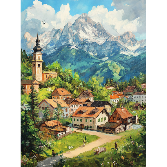 Alpine Village Mountain Scenery Canvas Painting/Wall Art Perfect for Living Room Bedroom Office Hotel and Restaurant Decoration.
