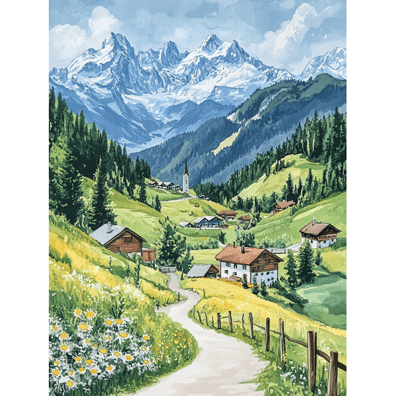 Alpine Village Mountain Scenery Canvas Wall Art Print Perfect for Living Room Bedroom Office Hallway and Kitchen Decoration.