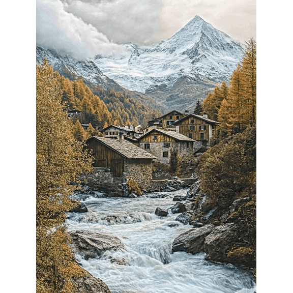 Alpine Village River Landscape Canvas Wall Art Print Suitable for Living Room Bedroom Office Hotel and Restaurant Decoration.