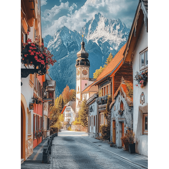 Alpine Village Street Clock Tower Canvas Print/Wall Art Suitable for Living Room Bedroom Office Dining Room and Hallway Decoration.