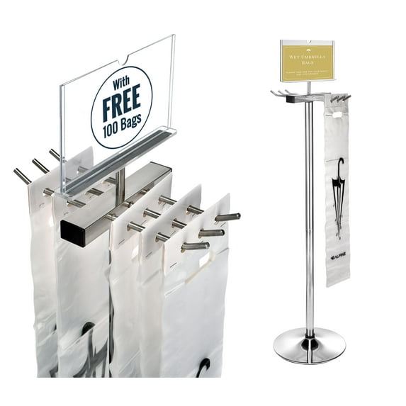 Alpine Wet Umbrella Bag Stand - Umbrella Bags Disposable with Stand, Wet Umbrella Bag Holder, Commercial Umbrella Holder with Free 100 Large Plastic Umbrella Bags Disposable (Stainless Steel)