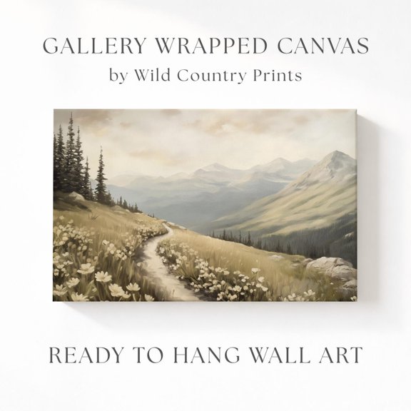 Alpine Wildflower Trail Muted Mountain Path Misty Ridges Neutral Landscape Poster