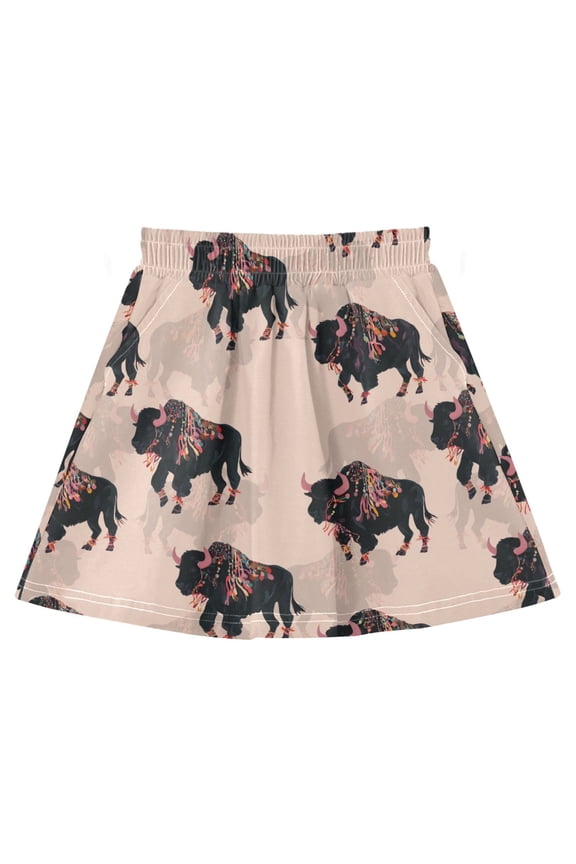 Alpine Yak Seamless Pattern Cotton Skirt Built-in Liner Elastic A-Line Flared Skirt with Pockets
