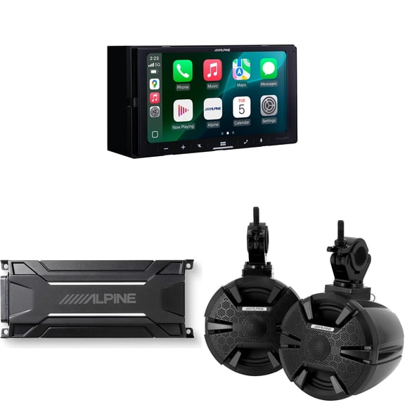 Alpine iLX-W770 Receiver w/ SPV-65RGB-CAN 6.5"� Cage-Mounted Universal Weather-Resistant Coaxial RGB LED Speaker Pods & KTA-30FW Amp
