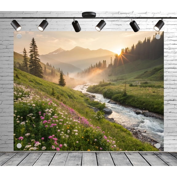 Alpine meadow stream sunrise backdrop | Polyester fabric banner curtain, suitable for themed parties, outings, picnics, celebrations and studio props