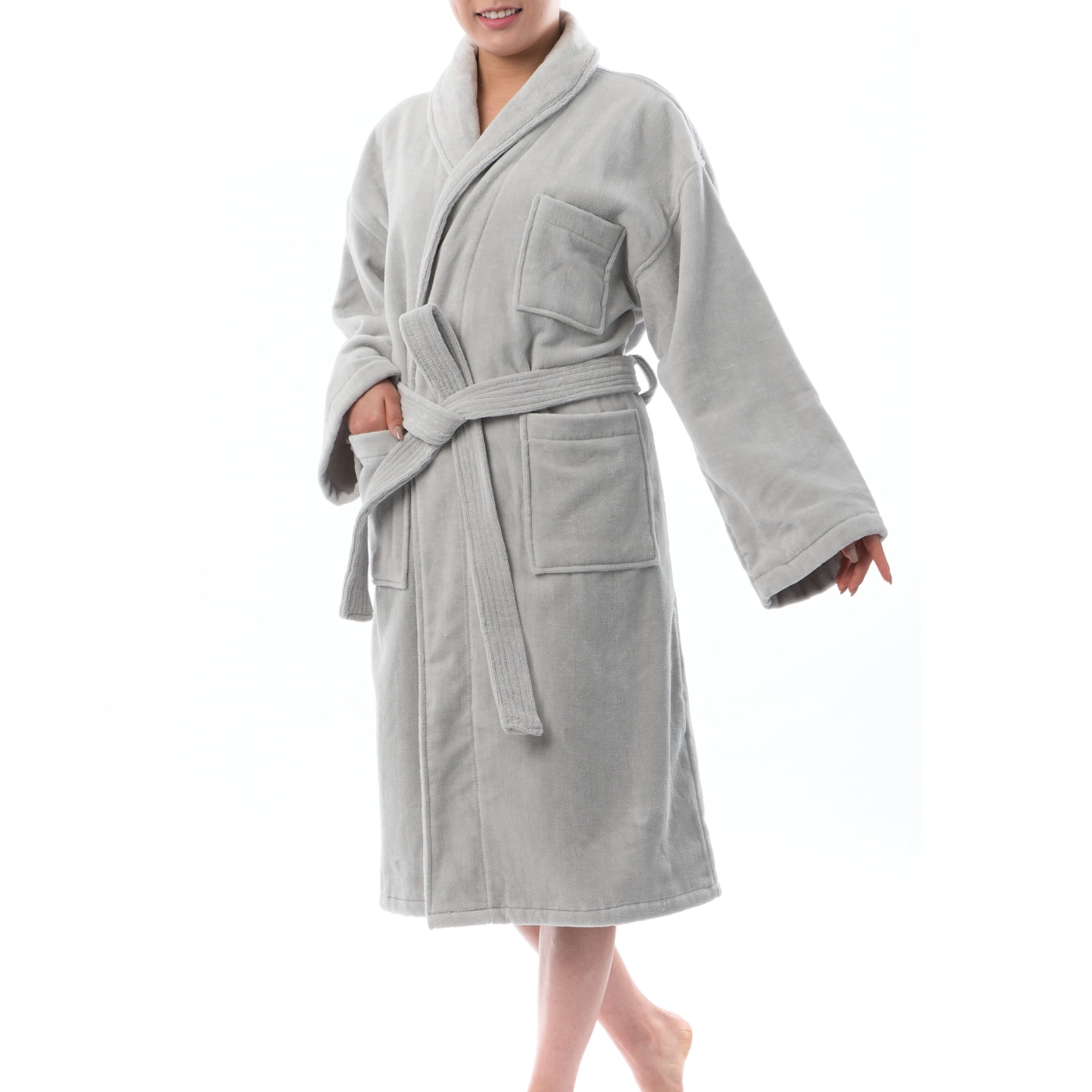 Gray Cotton Terry Cloth Long Sleeve Bathrobe with Belt