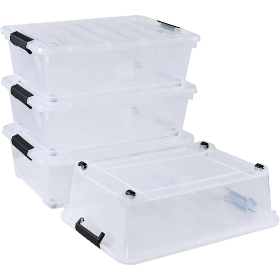 Alpinel 20 Quart Stackable Clear Plastic Under Bed Bins with Lid, Set of 4 | Latch storage container, slim 5.98 inch height, built-in bottom rolling wheels, for bedroom, closet and dorm organization