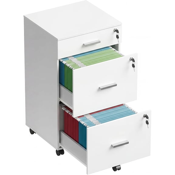 Alpinel 3 Drawer File Cabinet with Lock & Wheels, White | Wood printer stand, Mobile filing cabinets for home office, Fits Letter/A4 Size
