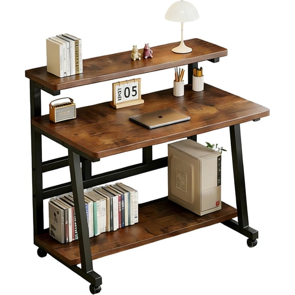Alpinel 31.5 Inch Rolling Computer Desk for Small Spaces, Monitor Stand & 3-Tier Storage with Lockable Wheels, Easy Assembly for Bedroom, Dorm & Apartment