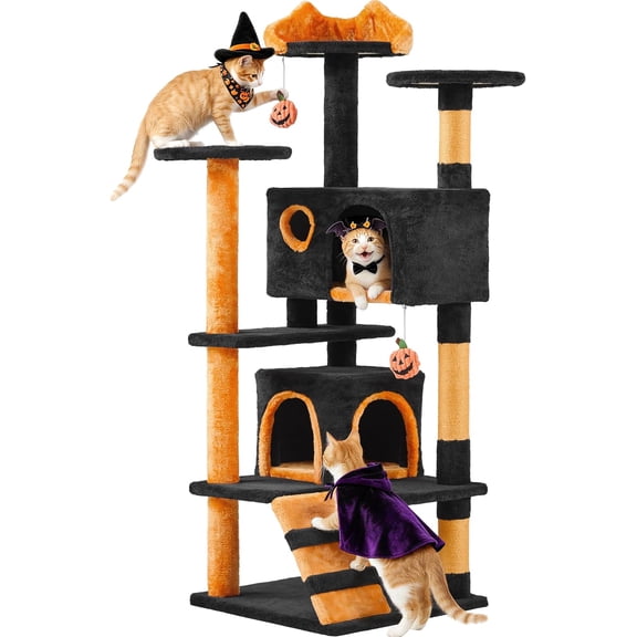 Alpinel 54in Gothic Cat Tree, Multilevel Indoor Halloween Cat Tower | Activity center with cute kitten-ear perch, scratching posts, 2 kittens caves, black/pumpkin orange halloween decor