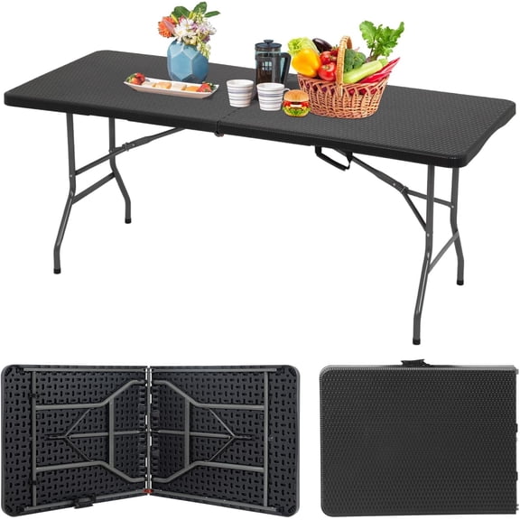 Alpinel 6FT Folding Table | Black Ratten | Portable Plastic Table with Carry Handle | Waterproof & Foldable Table Design | Steel Frame with Lock | for Events, Camping, Indoor & Outdoor Use