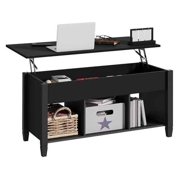 Alpinel Coffee Table, Lift Top Coffee Table w/Hidden Storage Compartment & Lower 3 Cube Open Shelves, Lift Tabletop Center Tables for Living Room/Reception Room/Office, Black