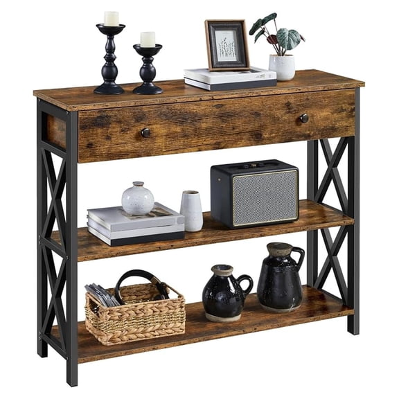 Alpinel Console Table with Drawer, Entryway Table with 3 Tier Storage Shelves, Narrow Long Sofa Tables for Entryway, Living Room, Hallway, Couch, Kitchen, Metal Frame, Rustic Brown