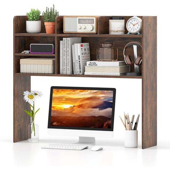 Alpinel Desktop Bookshelf for Computer Up to 32”, 37” Countertop Storage Hutch with 6 Storage Shelves, 3-Tier Desktop Organizer Display Rack, Wooden Desk Hutch for Dorm Home Office (Rustic Brown)
