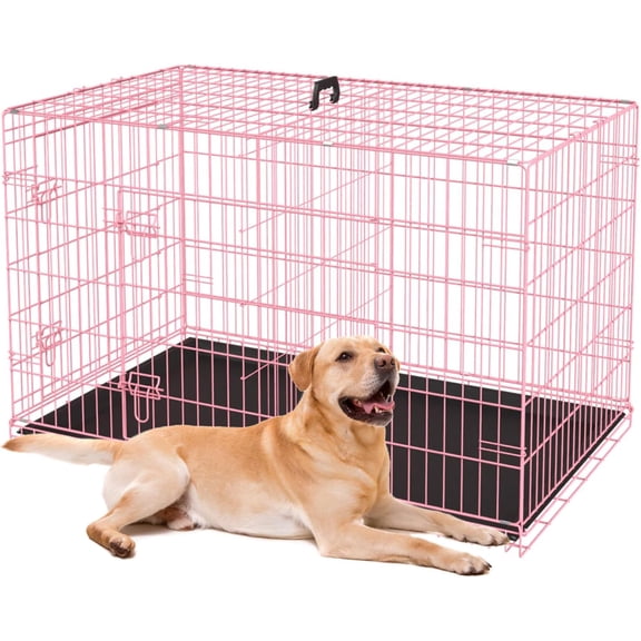 Alpinel | Dog Crate | 36" | Pink | Foldable Metal Kennel with Double Doors | Secure Slide-Bolt Latches, Leakproof Tray | Portable Dog Cage for Medium Sized Breeds | for Travel, Indoor & Outdoor Use