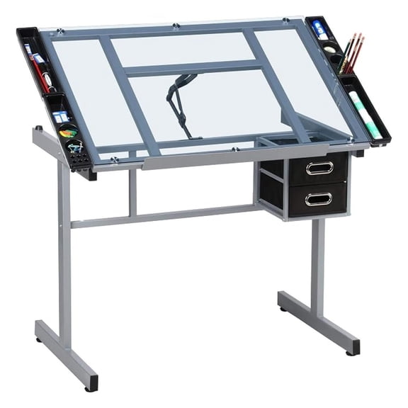 Alpinel Drawing Desk Adjustable Glass Drafting Study Table for Diamond/Versatile Art Craft Station w/ 2 Slide Rolling Wheels and Drawers for Artist Painters Home Office