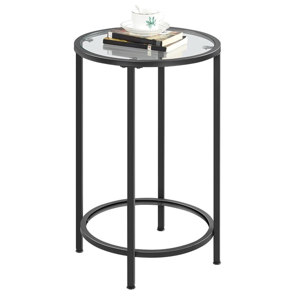 Alpinel Glass End Table, Round Side Table, Small Coffee Accent Table Nightstand w/Glass Top & Metal Frame for Living Room/Balcony/Bedroom/Porch/Small Space, Modern Style, Black