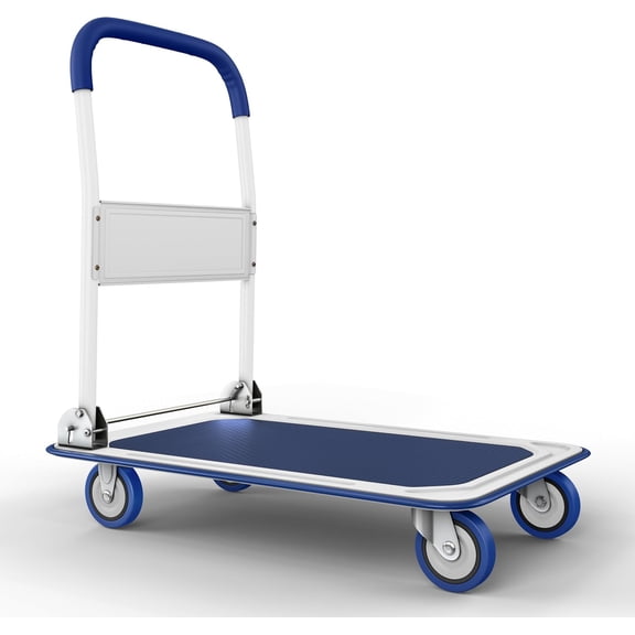 Alpinel Heavy Duty Foldable Push Cart | 330 lbs. Capacity | Upgraded Collapsible Hand Truck Folding Platform with Swivel Wheels | Flat Bed Moving Wagon | Space Saving Push Handle (Blue)