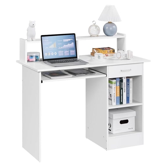 Alpinel Home Office Wood Computer Desk with Keyboard Tray and Drawers, Students Writing Table with Storage Drawers & Hutch, Modern PC Laptop Desk, Multifunctional Workstation, White
