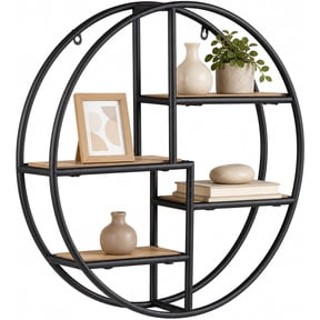 Alpinel Round Wall Shelf, Wall-Mounted Circular Shelf, Wood & Iron Wall Hanging Shelves, 4-Tier Circle Shelf Wall Decor for Home Office, Circular Floating Shelves (1, Round)