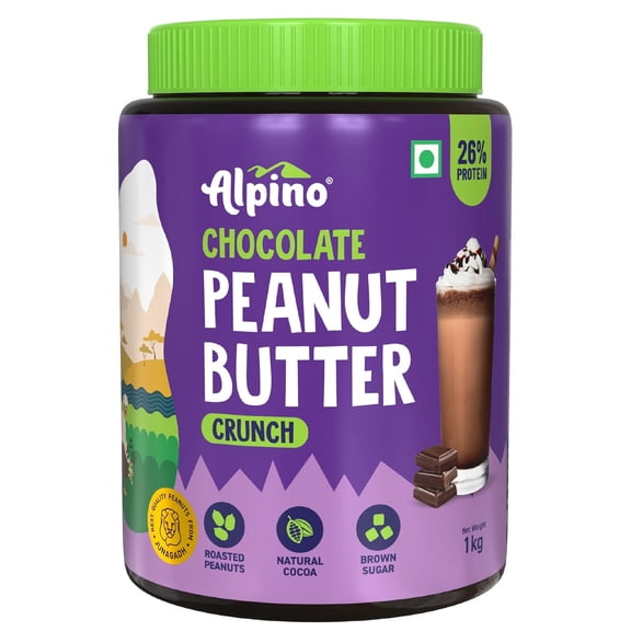 Alpino Chocolate Peanut Butter Crunch 1 Kg - Roasted Peanuts, Chocolate Paste & Brown Sugar - 19% Protein, Source of Healthy Fats