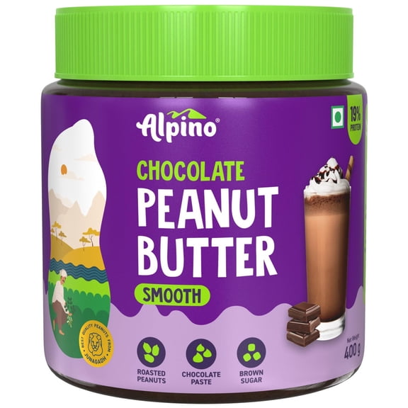 Alpino Chocolate Peanut Butter Smooth 400 G | Roasted Peanuts, Cocoa Powder Choco Chips | Gluten-Free | Vegan