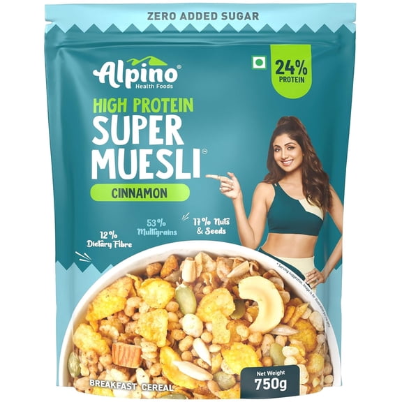 Alpino High Protein Super Muesli Cinnamon 750g No Added Sugar | 24% Protein | 53% Multigrain | 17% Nuts & Seeds | Crunchy Multigrain Cereal | Pouch