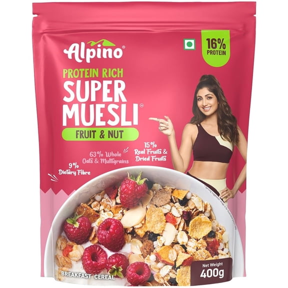 Alpino Protein-Rich Super Muesli Fruit & Nuts 400g | Rolled Oats, Flax Seed Sunflower Seed | 16% Protein, High Fibre, Plant-Based | Cereal | Pouch