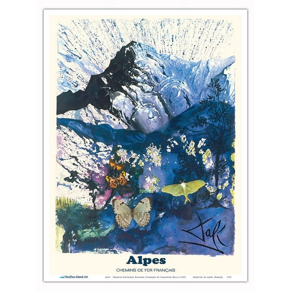 Alps (Alpes) - Moths and Butterflies - SNCF (French National Railway Company) - Vintage Travel Poster by Salvador Dali c.1969 - Master Art Print (Unframed) 9in x 12in