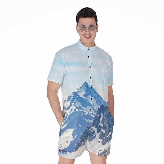 Alps Mountain Short Sleeve Men'S Rompers, Mountain Casual Summer Jumpsuits Outfit
