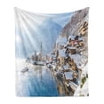 thumbnail image 1 of Alps Soft Flannel Fleece Blanket, Mountain Town Scenery Hallstatt Lakeside Town in Winter Austria Salzkammergut, Cozy Plush for Indoor and Outdoor Use, 70" x 90", Pale Azure Blue Tan, by Ambesonne, 1 of 5