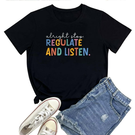 Alright Stop Regulate And Listen Women's T-Shirt – Funny Retro 90s Rap Lyrics Graphic Tee, Casual Short Sleeve Music Fan Top