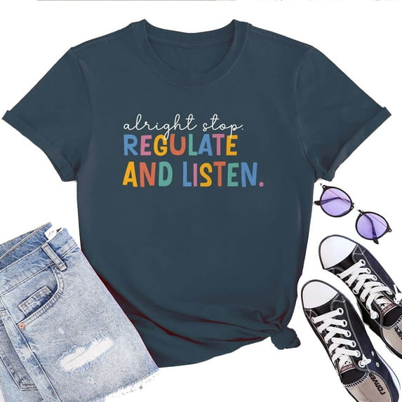 Alright Stop Regulate And Listen Women's T-Shirt – Funny Retro 90s Rap Lyrics Graphic Tee, Casual Short Sleeve Music Fan Top
