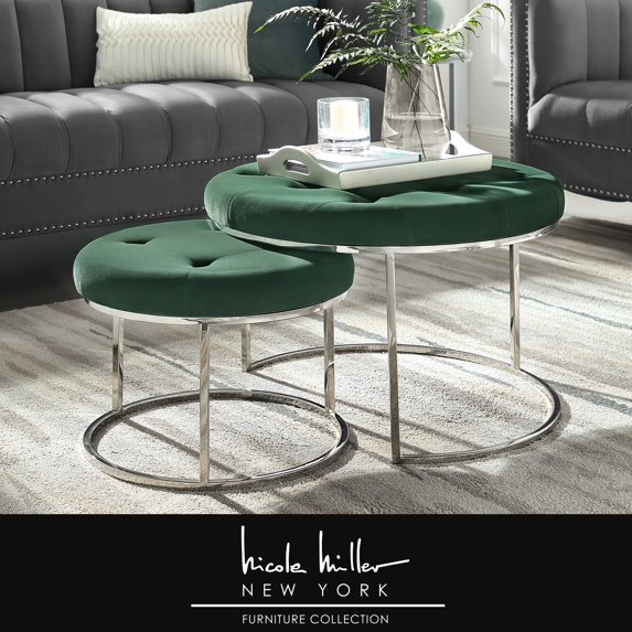 Alrik Green/Chrome Velvet Ottoman - Nesting, Stainless Steel Polished Base, Button Tufted