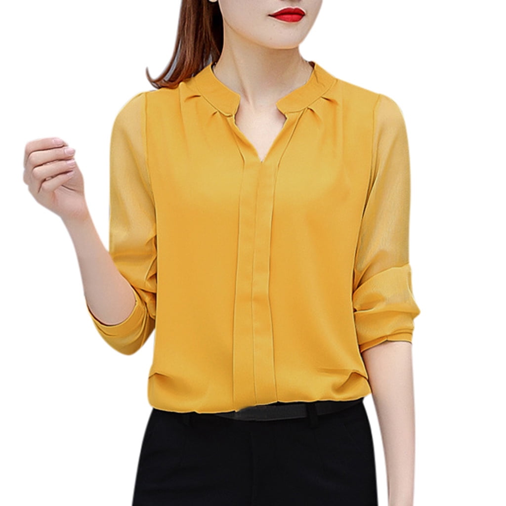 Alrise Fashion Women Solid Long Sleeve Chiffon V Neck Work Shirt Top
