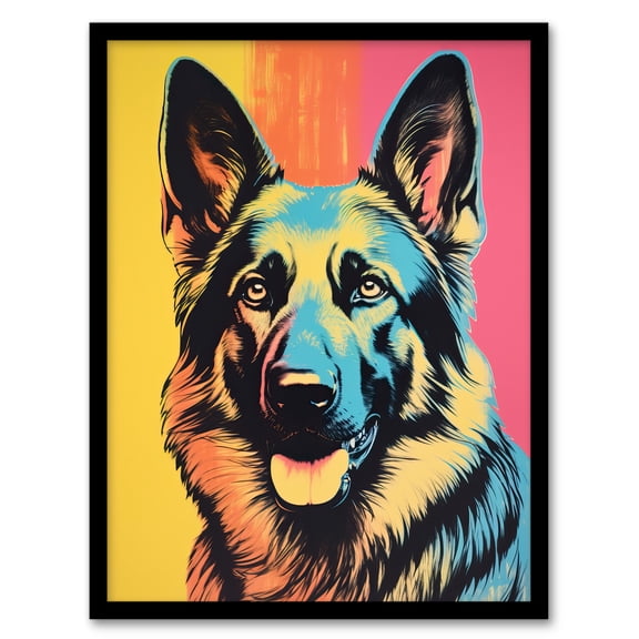 Alsatian Dog Multi Coloured German Shepherd Screenprint Risograph Artwork Spot Block Colour Duotone Retro Riso Interior Design Artwork Framed Wall Art Print A4