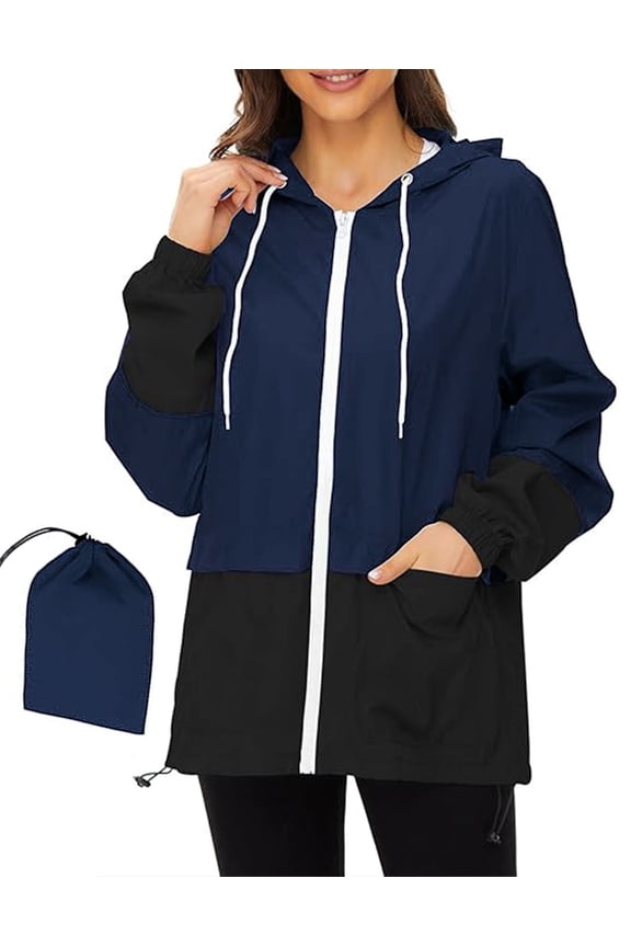 Raincoats for Women Waterproof Lightweight Rain Jackets Color Block Windbreaker Packable Outdoor Running Hiking Hooded Jacket